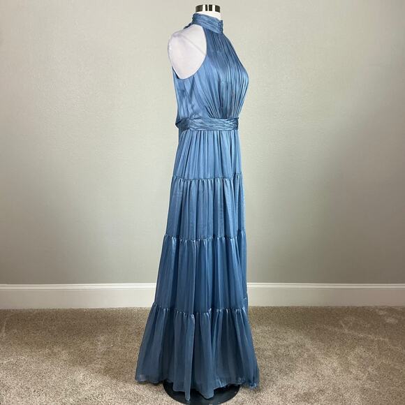 Mac Duggal 70168 Metallic Pleated Halter A-Line Gown Slate Blue Size 8 Dress - Picture 3 of 11